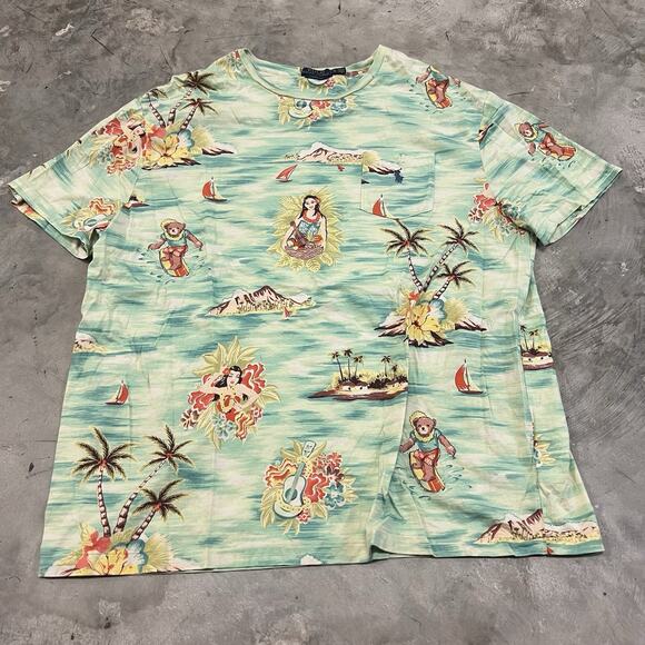 Polo Ralph Lauren Shirt men's Size XL Pocket Tee Hawaiian Hula Girl Surfer Bear - Picture 1 of 8